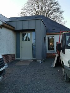 Door frontage of Zinc roof finished in COrk